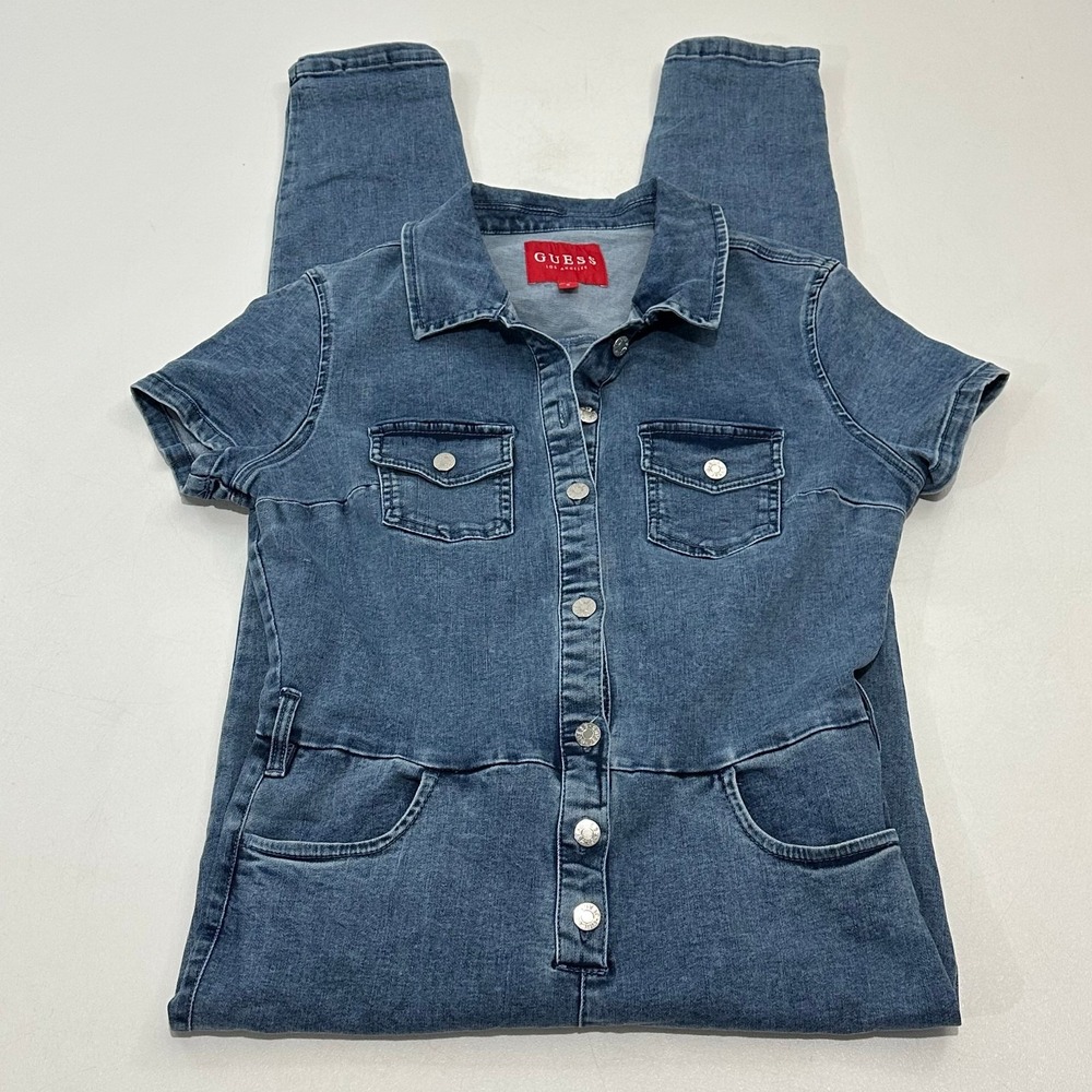 GUESS‎ Women's Denim Jumpsuit Blue Short Sleeve Button Front, Size S